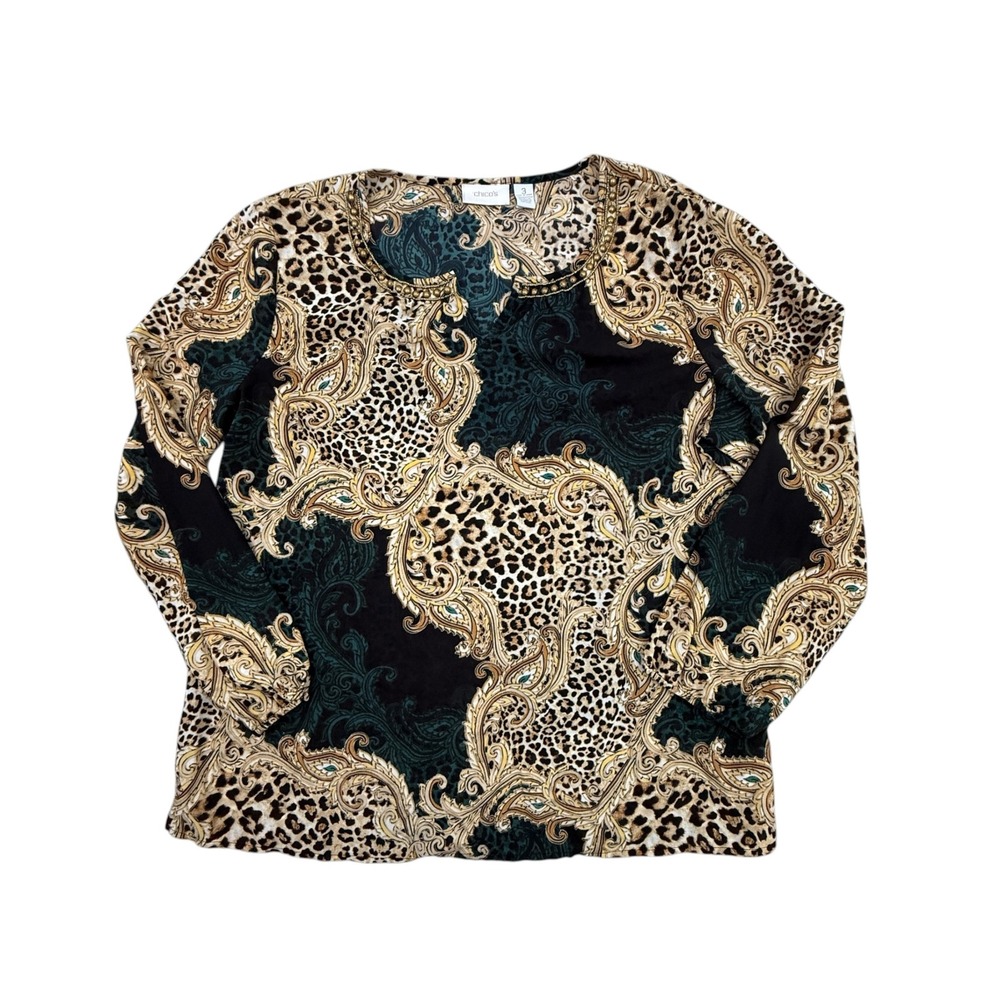 Chico's Blouse Women 3 Multicolor Animal Print Paisley Beaded V-Neck Long Sleeve
